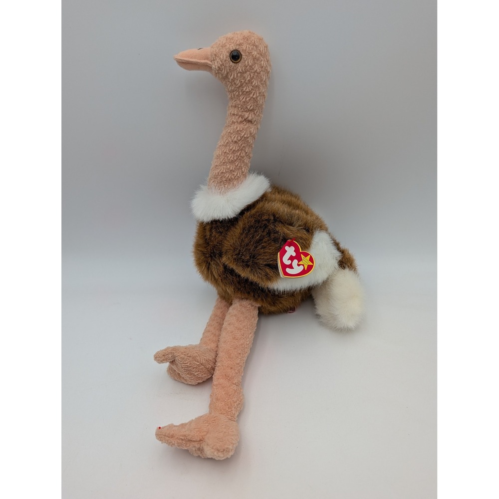 Ty Beanie Buddies Stretch Ostrich Brown Tan White Plush Stuffed Animal 1998